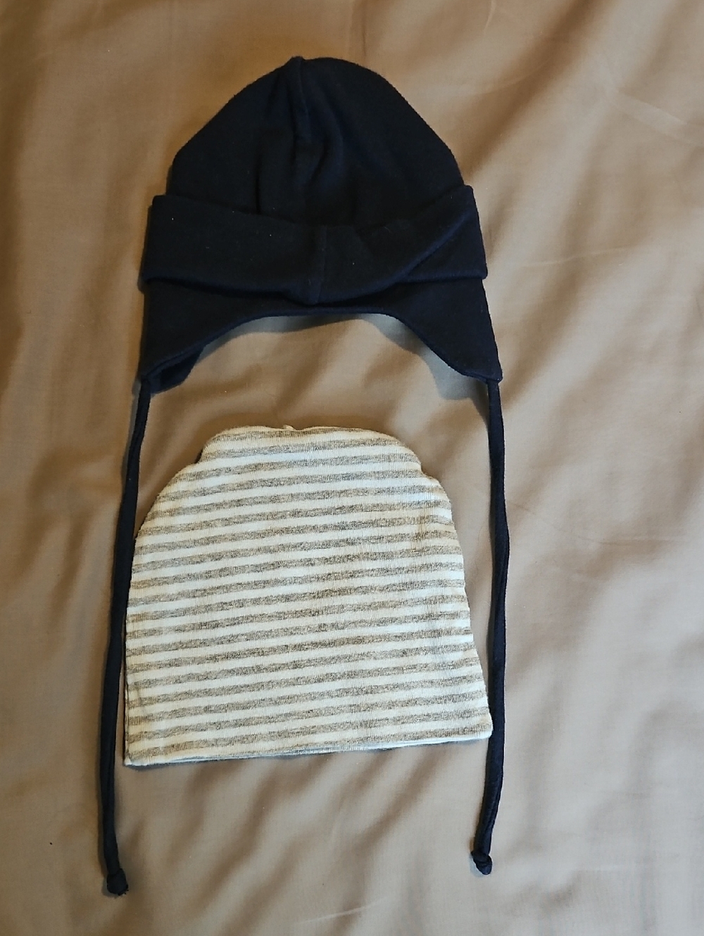 Bundle Of Navy Earflap Hat And Gray Striped Beanie - Baby